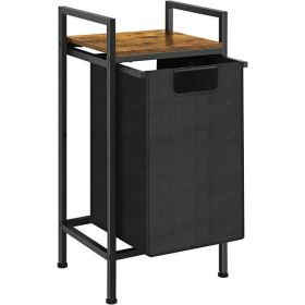 Black Laundry Hamper Basket with Removable Bag and Brown Wood Shelf