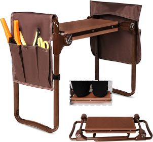 Garden Kneeler and Seat Stool Garden Folding Bench with 2 Tool Pouches & EVA Foam Kneeling Pad,  Brown/Purple/Green (SKU: KM4003-DB)